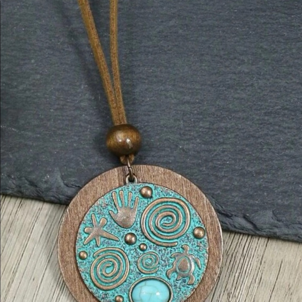 NEW Turquoise Bronzed Spiral Pendant Suede Necklace Life Circle Turtle WIsdom - Picture 9 of 13